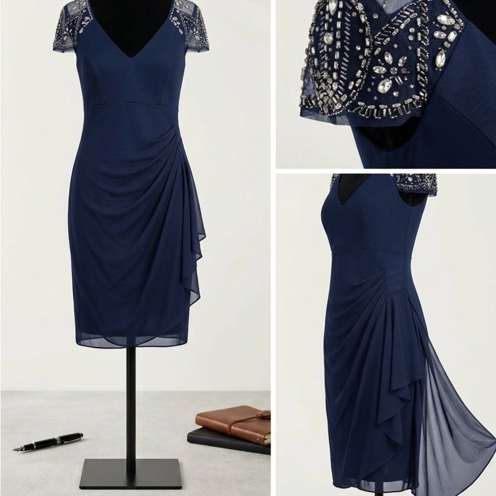 Xscape Navy Beaded Cap-Sleeve Midi Dress - Picture 2 of 11